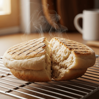 Photograph of freshly baked English Muffin, cooling on a wire rack