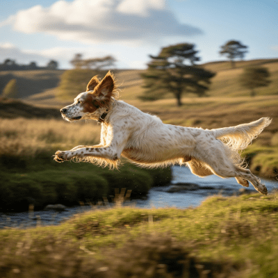 Full body action shot of a English Setter