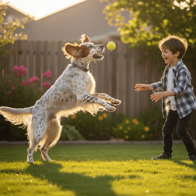 Image of a English Setter interacting with humans in a typical cultural or domestic setting