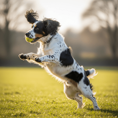 Full body action shot of a English Springer Spaniel