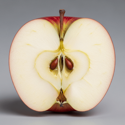 A close-up image showing a cross-section of a Enterprise of the taxonomy apples, sliced cleanly in half to reveal internal structure, seeds, and flesh
