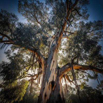 Striking editorial image of a single Eucalyptus (trees), photographed from a low angle to emphasize its grandeur.