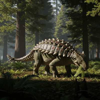 Realistic depiction of a Euoplocephalus in its prehistoric natural environment