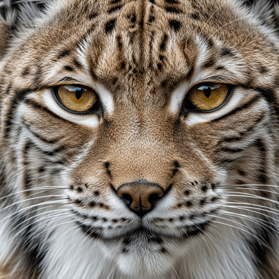 Close-up macro photograph focusing on the facial features and fur texture of a Eurasian Lynx