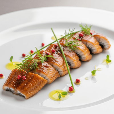 A culinary presentation featuring a prepared dish made with European Eel, of the taxonomy fish