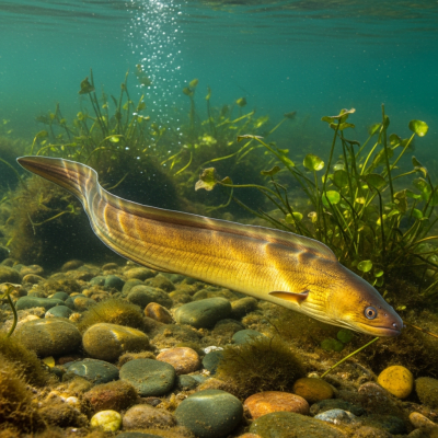 Underwater scene featuring a single European Eel