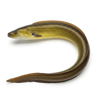 High-resolution studio photograph of a single European Eel, belonging to the taxonomy fish