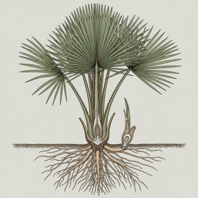 Cross-sectional scientific illustration of a European Fan Palm
