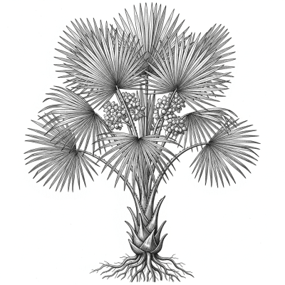 Botanical illustration of a whole European Fan Palm