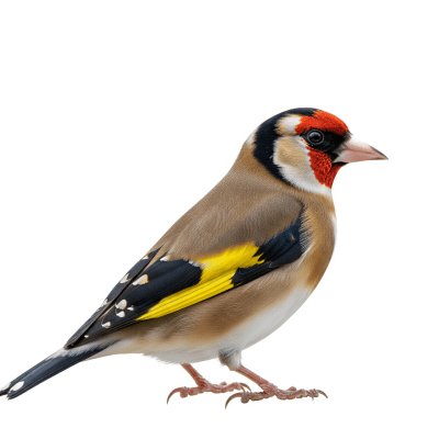 High quality studio photograph of a single European Goldfinch