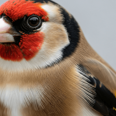Close-up macro photograph of the feathers or distinctive markings of a European Goldfinch