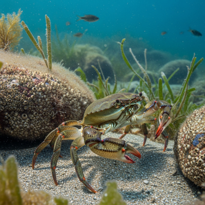 Photo-realistic underwater image of a live European Green Crab, in the context of the taxonomy crabs