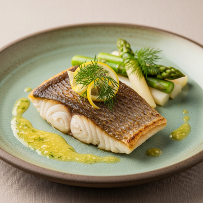 A culinary presentation featuring a prepared dish made with European Perch, of the taxonomy fish