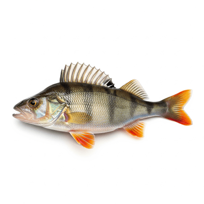 High-resolution studio photograph of a single European Perch, belonging to the taxonomy fish