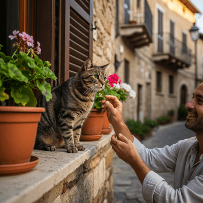 Image of a European Shorthair interacting with humans or participating in cultural activities