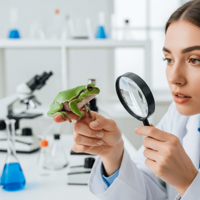 Photograph showing a European Tree Frog in interaction with humans or within a cultural context, such as being observed by scientists or featured in educational settings