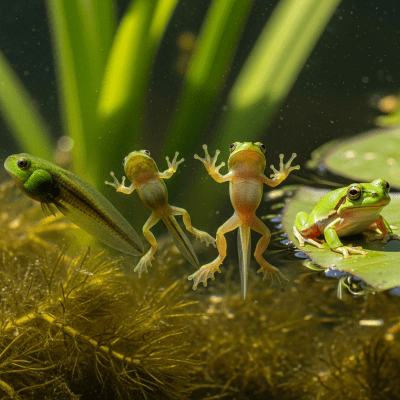 Image of a European Tree Frog (amphibians) at the moment of transformation, such as metamorphosis from tadpole to adult