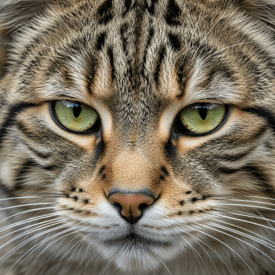 Close-up macro photograph focusing on the facial features and fur texture of a European Wildcat