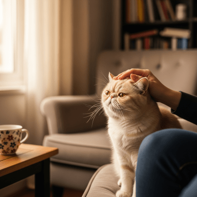 Image of a Exotic Shorthair interacting with humans or participating in cultural activities