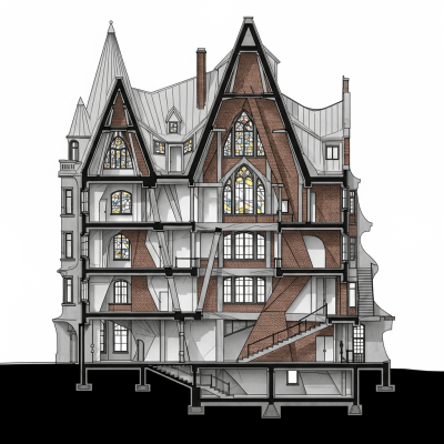 Detailed cross-sectional illustration or cutaway view showing the internal layout and key structural elements of the Expressionism (architecture)