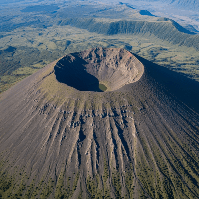 Aerial view photograph of the Extinct volcano, showcasing its shape and crater from above
