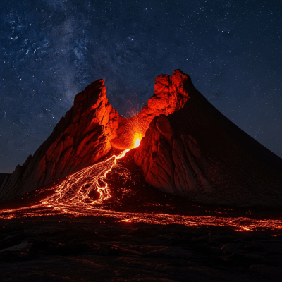 Nighttime image of the Extinct volcano, highlighting glowing lava and illuminated volcanic features