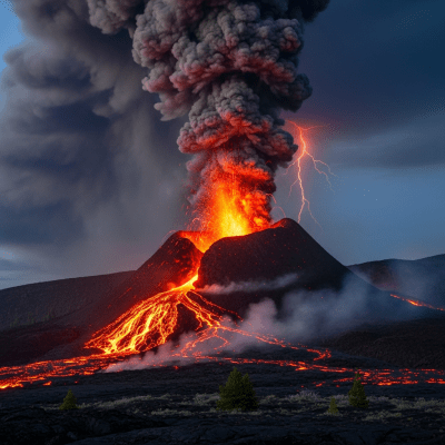 Image depicting the Extinct volcano during an eruption event, capturing lava flow, ash plume, and dynamic movement