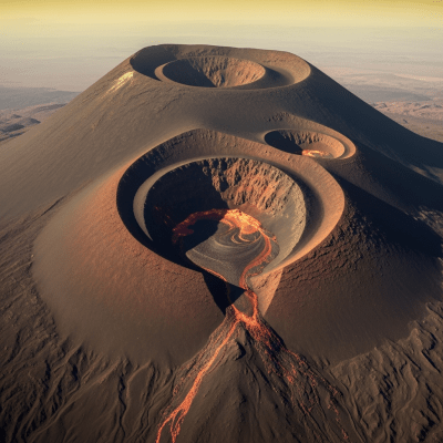 Aerial view photograph of the Extraterrestrial volcano, showcasing its shape and crater from above