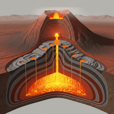 Scientific cross-sectional illustration of the Extraterrestrial volcano