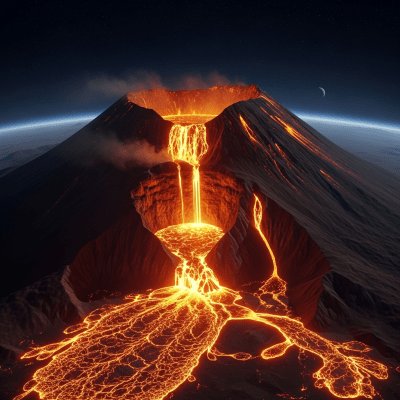 Nighttime image of the Extraterrestrial volcano, highlighting glowing lava and illuminated volcanic features