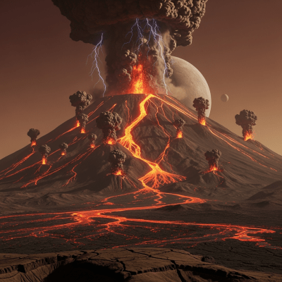 Image depicting the Extraterrestrial volcano during an eruption event, capturing lava flow, ash plume, and dynamic movement