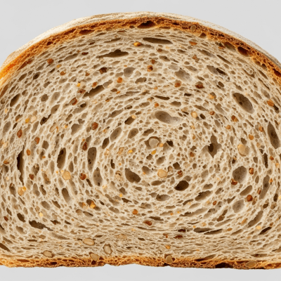 A close-up image of the interior of a sliced Ezekiel Bread