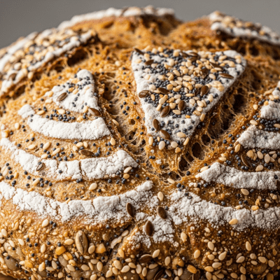 Macro photograph focusing on the crust and surface texture of Ezekiel Bread