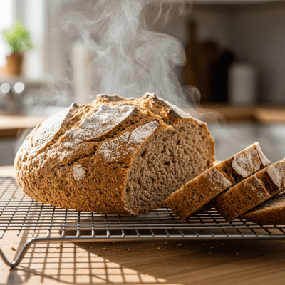 Photograph of freshly baked Ezekiel Bread, cooling on a wire rack