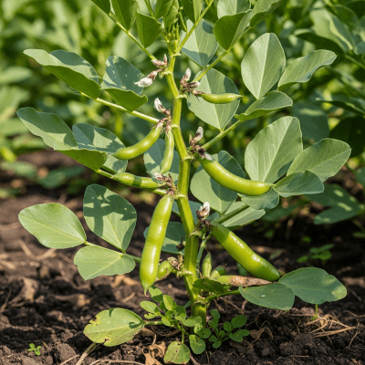 Photograph of the Faba Bean (legumes) growing naturally on its plant in an outdoor agricultural or garden setting, showing leaves, pods, and surrounding soil or greenery