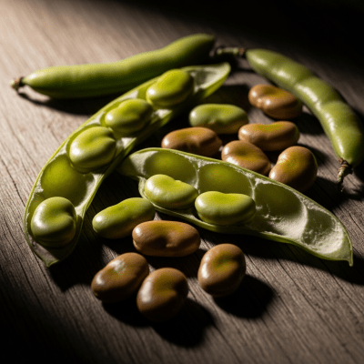 Editorial-style image of the Faba Bean from the taxonomy legumes, arranged artfully on a rustic wooden surface with dramatic lighting to highlight its unique shape and color.