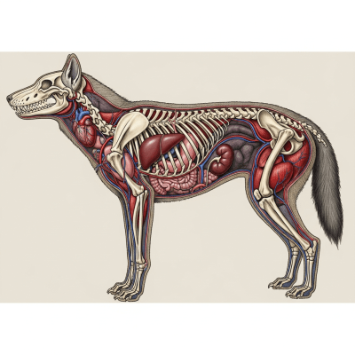Detailed anatomical illustration of a Falkland Islands Wolf