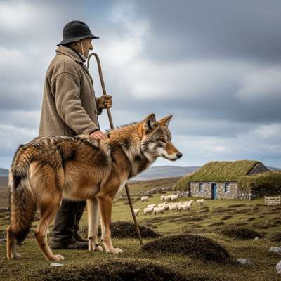 Image of a Falkland Islands Wolf interacting with humans in a cultural or practical context