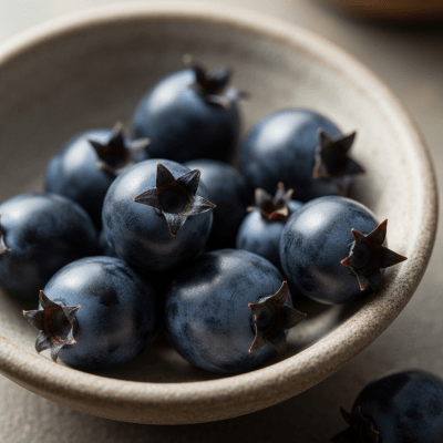 A high resolution image of several fresh Farkleberrys arranged in a simple bowl, representing their use within the taxonomy berries