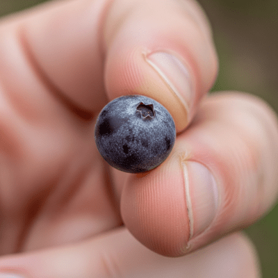 A factual photograph of a hand holding a ripe Farkleberry, illustrating its size and appearance for the taxonomy berries