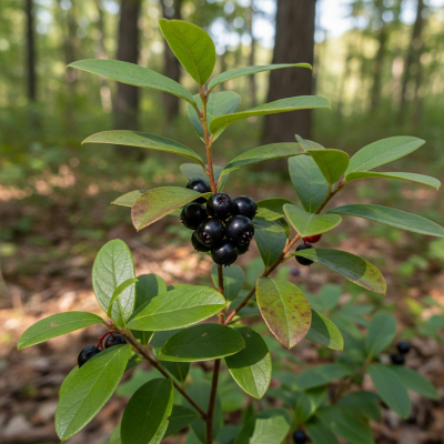 A naturalistic photograph of a Farkleberry growing on its plant in its typical environment, representing the taxonomy berries