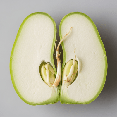 A cross-sectional view of a single Fava Bean (beans), sliced cleanly to reveal its internal structure and composition