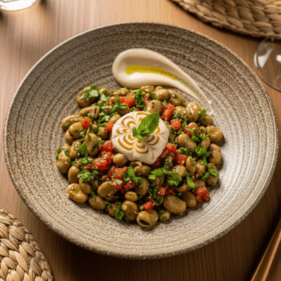 Image of cooked Fava Bean (beans) presented as part of a traditional dish or cuisine, plated attractively and photographed from above