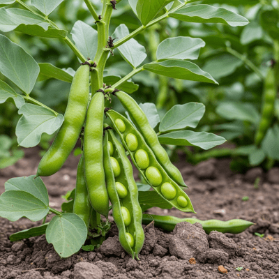 An image of Fava Bean, belonging to the taxonomy beans, displayed in its natural environment—such as growing on a plant or vine, surrounded by leaves and soil