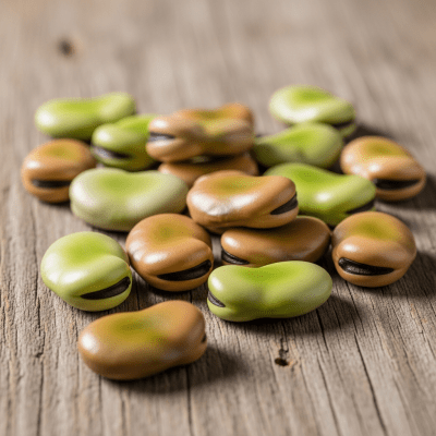 A handful of uncooked Fava Bean beans (beans) scattered on a rustic wooden surface, photographed in natural light to emphasize their variety and color