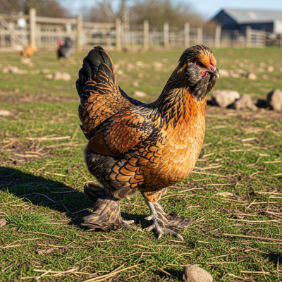 Naturalistic image of a Faverolles belonging to the chicken taxonomy in its typical outdoor environment