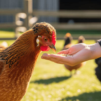 Photograph of a Faverolles from the chicken taxonomy interacting with humans in a typical farm setting