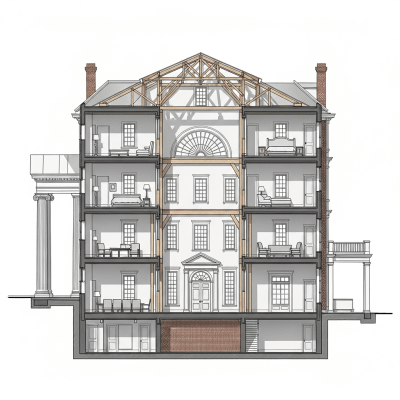 Detailed cross-sectional illustration or cutaway view showing the internal layout and key structural elements of the Federal (architecture)