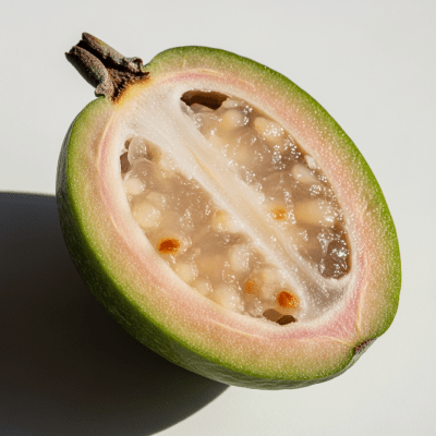 A close-up image showing a cross-section of the Feijoa, belonging to the fruits taxonomy
