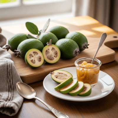 Image of the Feijoa, part of the fruits taxonomy, prepared or used in a typical culinary context
